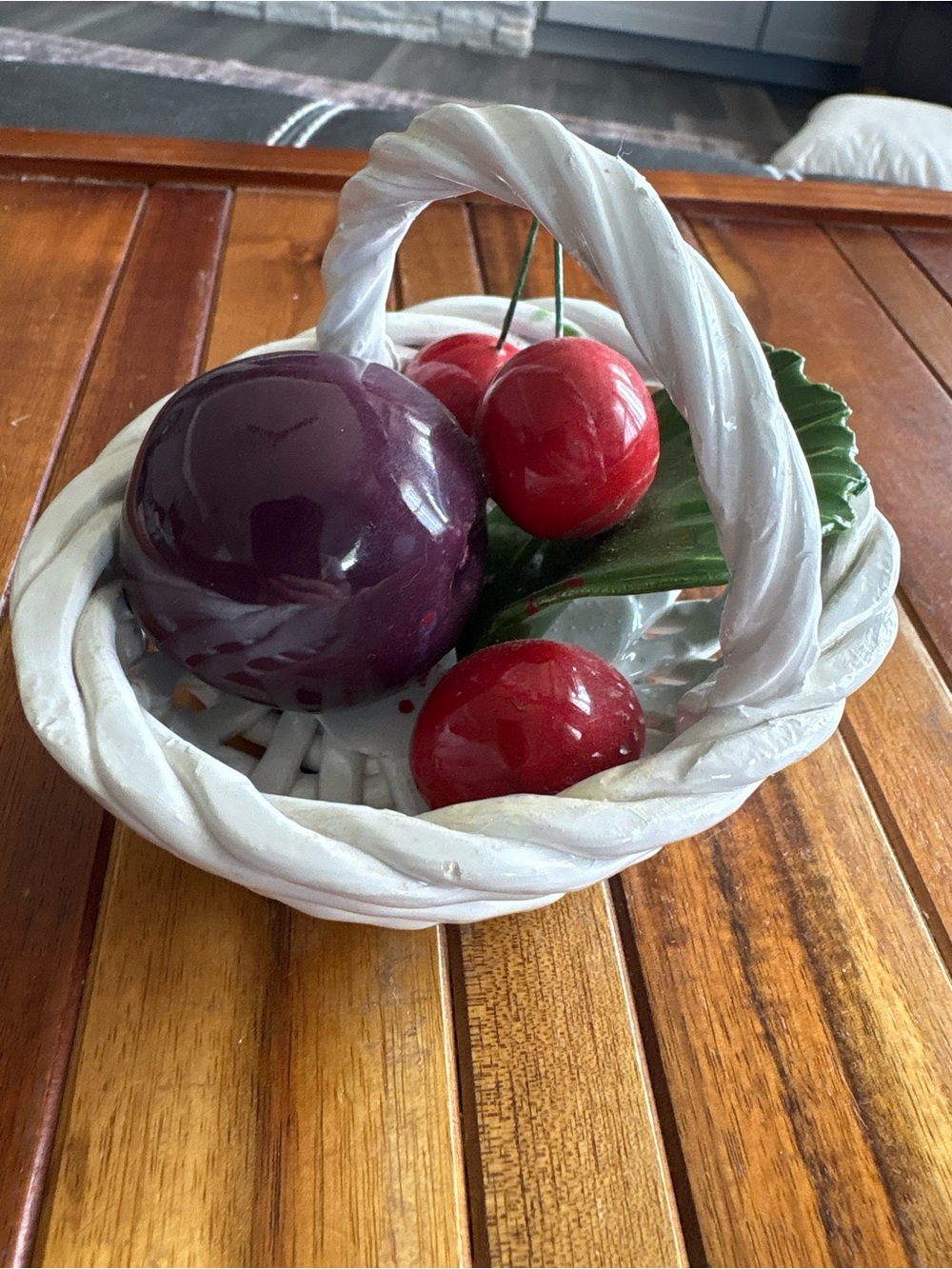 Vintage Italian Porcelain Fruit Basket Cherries Plum Capodimonte Style 5”